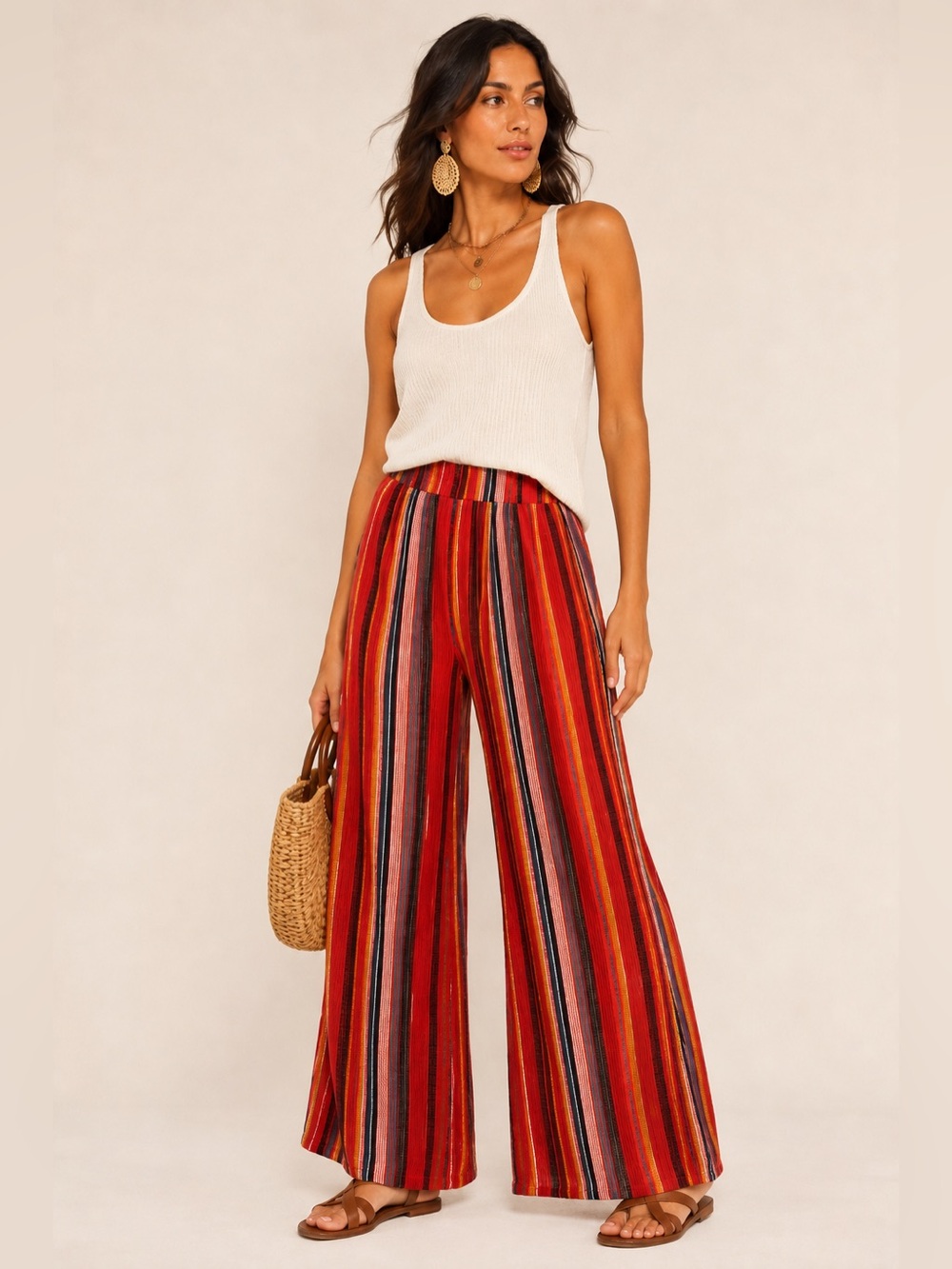 AGB Boho Striped Wide Leg Pants Red Orange Tribal Print Gauze Palazzo  Size M/L